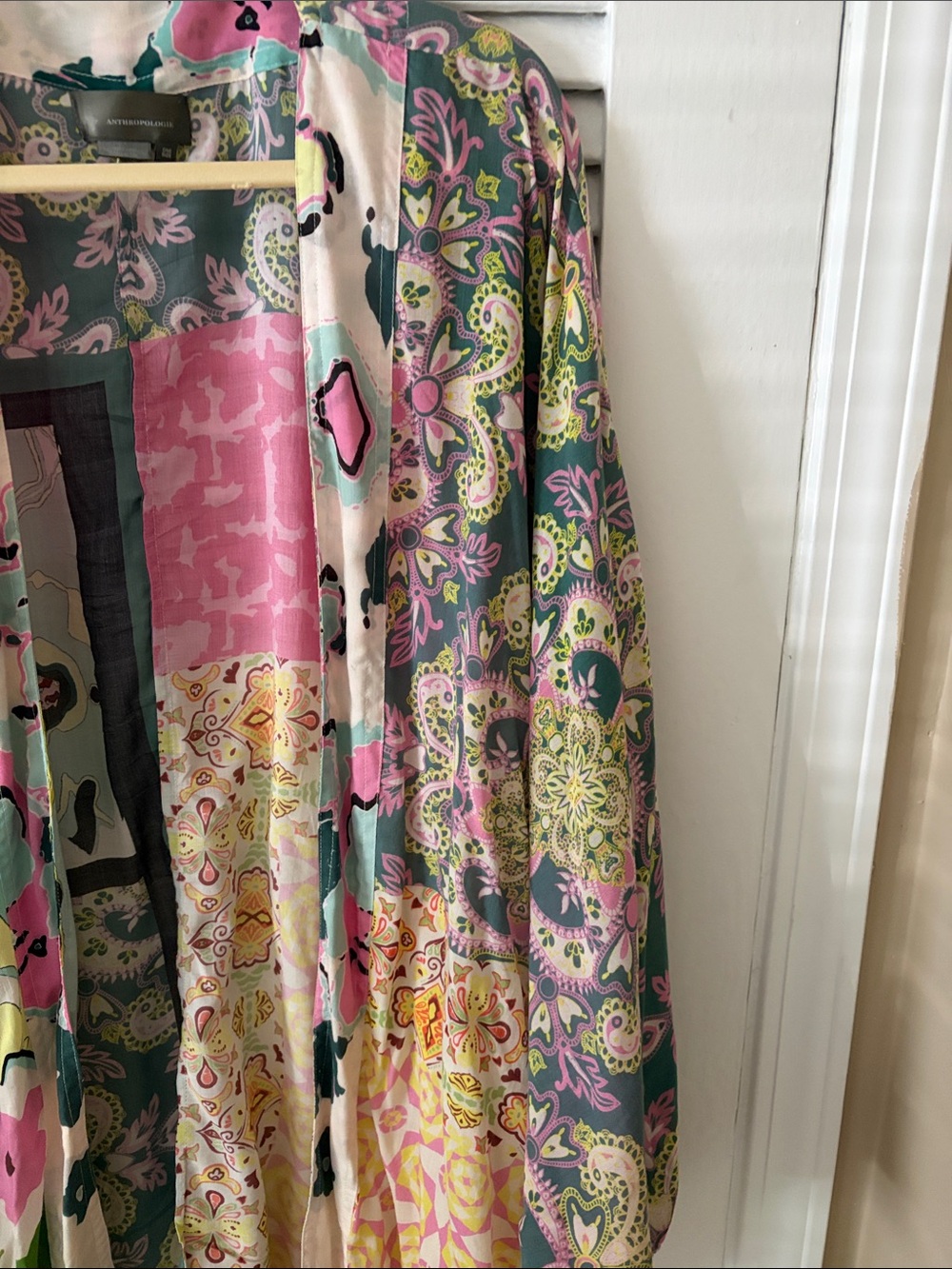 Anthropologie Silk Patchwork Kimono in Pink, Green & Cream - Picture 4 of 8
